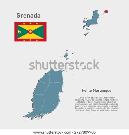 Detailed vector blue map of Grenada divide on regions - Petite Martinique. Template map for background, pattern, report, infographic. Administrative part of Caribbean country divided on regions