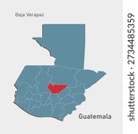 Detailed vector blue map of Guatemala divide on regions - Baja Verapaz Department. Template map for background, pattern, report, infographic. Administrative part of American country divided on regions