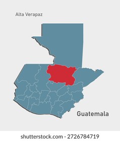 Mapa detallado del Vector azul de Guatemala divide en regiones - Departamento Alta Verapaz. Mapa de Plantilla para el fondo, patrón, informe, infografía. Parte administrativa del país americano dividida en regiones