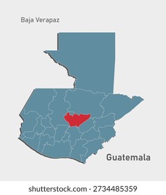 Mapa azul de Vector detallado de Guatemala divide en regiones - Baja Verapaz Department. Mapa de Plantilla para fondo, patrón, informe, infografía. Parte administrativa del país americano dividida en regiones