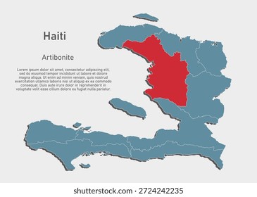 Mapa azul del Vector detallado de Haiti divide en regiones - Artibonite Department. Mapa de Plantilla para el fondo, patrón, informe, infografía. Parte administrativa del país caribeño dividida en regiones