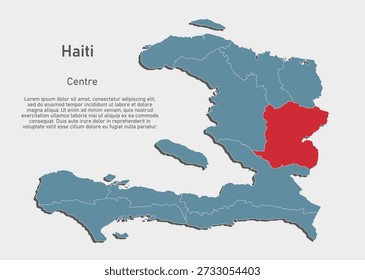 Mapa azul de Vector detallado de Haiti divide en regiones - Departamento Centro. Mapa de Plantilla para fondo, patrón, informe, infografía. Parte administrativa del país caribeño dividida en regiones