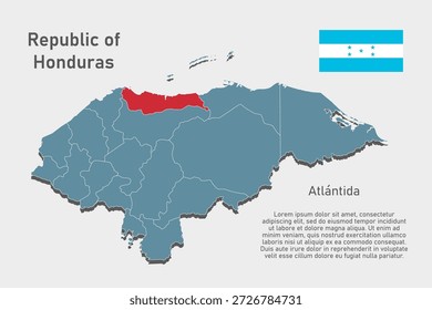 Mapa azul detallado del Vector de Honduras divide en regiones - Departamento de Altantida. Mapa de Plantilla para el fondo, patrón, informe, infografía. Parte administrativa del país americano dividida en regiones