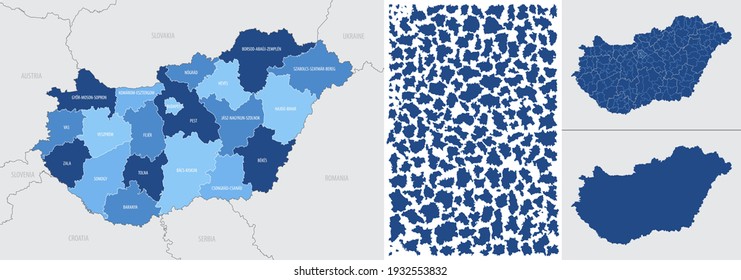 Detailed, vector, blue map of Hungary with administrative divisions into regions country