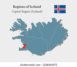Detailed vector blue map Iceland - Capital region. Template map for background, pattern, report, infographic. Administrative part of Europe country Iceland divided on regions