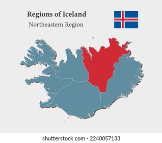 Mapa azul vectorial detallado Islandia - región noreste divide en departamentos. Mapa de plantilla para el fondo, patrón, infografía de informe. Parte administrativa del país de Europa Islandia dividida en regiones