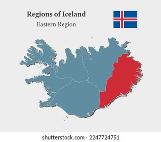 Mapa azul vector detallado Islandia - región oriental. Mapa de plantilla para fondo, patrón, informe, infografía. Parte administrativa del país de Europa Islandia dividida en regiones