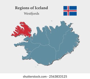 Detailed vector blue map Iceland divide on departments - Westfjords. Template map for background, pattern, report, infographic. Administrative part of Europe country Iceland divided on regions