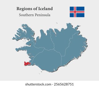 Detailed vector blue map Iceland divide on regions - Southern Peninsula. Template map for background, pattern, report, infographic. Administrative part of Europe country Iceland divided on regions