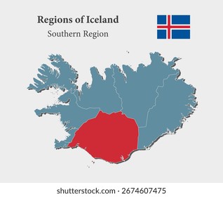 Detailed vector blue map Iceland divide on departments - Southern region. Template map for background, pattern, report, infographic. Administrative part of Europe country Iceland divided on regions