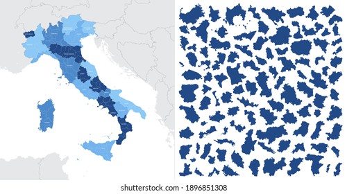 Detailed, vector, blue map of Italy on white background with administrative divisions into regions of the country