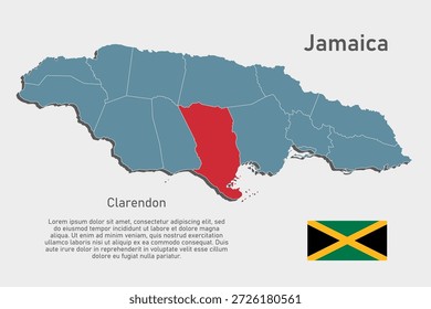 Mapa detallado del Vector azul de Jamaica divide en regiones - Clarendon Parish. Mapa de Plantilla para el fondo, patrón, informe, infografía. Parte administrativa del país caribeño dividida en regiones