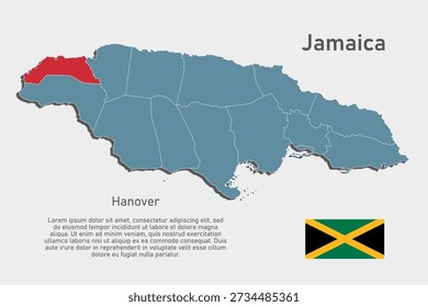 Mapa azul de Vector detallado de Jamaica divide en regiones - Hanover Parish. Mapa de Plantilla para fondo, patrón, informe, infografía. Parte administrativa del país caribeño dividida en regiones