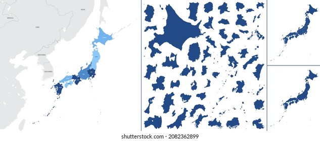 Detailed vector blue map of Japan with administrative divisions into regions and prefectures of the country