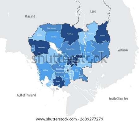 Detailed, vector, blue map of Kingdom of Cambodia with administrative divisions country