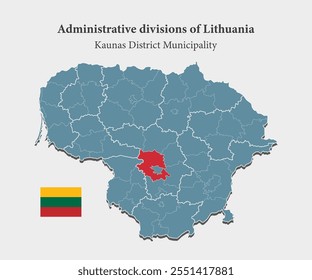 Detailed vector blue map Lathuania administrative division - Kaunas District. Template map background, pattern, report, infographic. Administrative part of Europe country Lathuania divided on regions