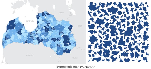 Mapa detallado, vectorial, azul de Letonia con divisiones administrativas en el país de las regiones