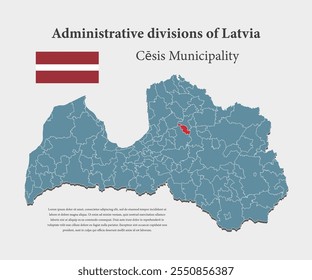 Mapa detalhado de vetor azul Letônia divide em municípios - Cesis Municipality. Plano de fundo do mapa de modelos, padrão, relatório, infográfico. Parte administrativa do país Europa Letónia dividida em regiões