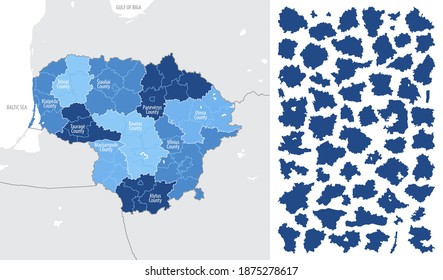 Detailed, vector, blue map of Lithuania with administrative divisions into regions country