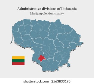 Detailed vector blue map Lithuania administrative division Marijampole Municipality. Template map background, pattern, report, infographic. Administrative part of Europe country Lithuania divided on 