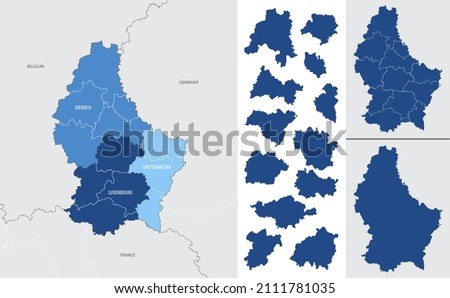 Detailed vector blue map of luxembourg with administrative divisions into district and cantons of the country