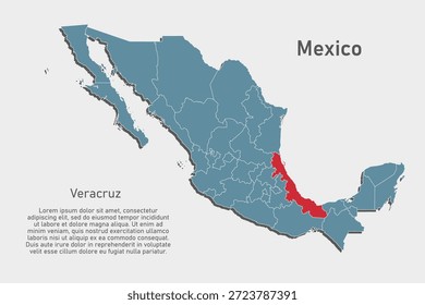 Mapa azul detallado del Vector de México divide en regiones - Estado de Veracruz. Mapa de Plantilla para el fondo, patrón, informe, infografía. Parte administrativa del país americano México dividido en regiones
