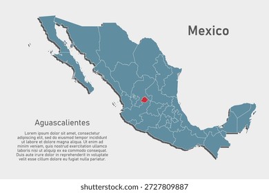 Mapa azul de Vector detallado de México divide en regiones - Estado de Aguascalientes. Mapa de Plantilla para el fondo, patrón, informe, infografía. Parte administrativa del país americano México dividido en regiones