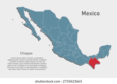 Mapa azul de Vector detallado de México divide regiones - Chiapas State. Mapa de Plantilla para fondo, patrón, informe, infografía. Parte administrativa del país americano México dividido en regiones