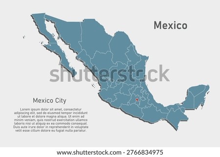 Detailed vector blue map of Mexico divide on regions - Mexico City. Template map for background, pattern, report, infographic. Administrative part of American country Mexico divided on regions