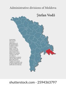 Detailed vector blue map Moldova divide on regions - Stefan Voda District. Template map for background, pattern, report, infographic. Administrative part of Europe country Moldova divided on regions