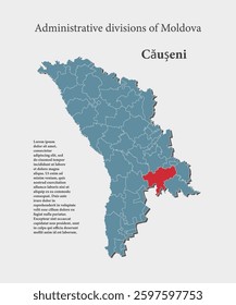 Detailed vector blue map Moldova divide on regions - Causeni District. Template map for background, pattern, report, infographic. Administrative part of Europe country Moldova divided on regions