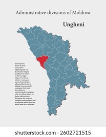 Detailed vector blue map Moldova divide on regions - Ungheni District. Template map for background, pattern, report, infographic. Administrative part of Europe country Moldova divided on regions