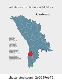 Detailed vector blue map Moldova divide on regions - Cantemir District. Template map for background, pattern, report, infographic. Administrative part of Europe country Moldova divided on regions