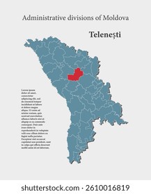 Detailed vector blue map Moldova divide on regions - Telenesti District. Template map for background, pattern, report, infographic. Administrative part of Europe country Moldova divided on regions