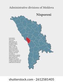 Detailed vector blue map Moldova divide on regions - Nisporeni District. Template map for background, pattern, report, infographic. Administrative part of Europe country Moldova divided on regions