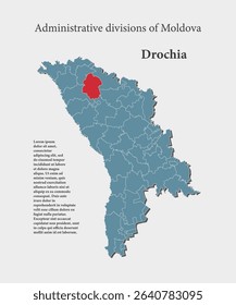 Detailed vector blue map of Moldova divide on regions - Drochia District. Template map for background, pattern, report, infographic. Administrative part of Europe country Moldova divided on regions