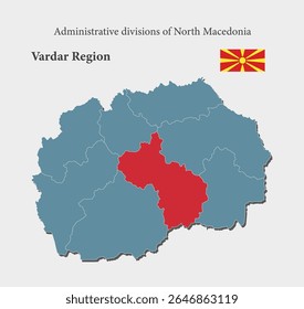 Detailed vector blue map North Macedonia divide into cantons - Vardar Region. Template map for background, pattern infographic. Administrative part of Europe country divided on regions North Macedonia