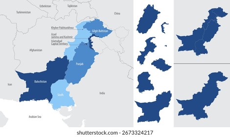 Mapa detallado, Vector, azul de Pakistán con las divisiones administrativas del país