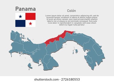 Mapa azul de Vector detallado de Panamá divide en regiones - Provincia de Colón. Mapa de Plantilla para el fondo, patrón, informe, infografía. Parte administrativa del país americano dividida en regiones