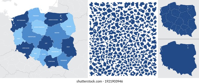 Detailed, vector, blue map of Poland with administrative divisions into regions country