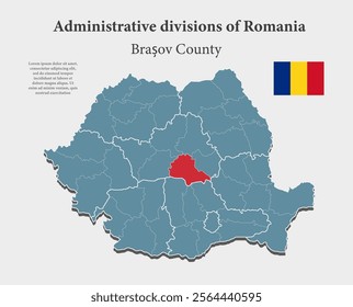 Detailed vector blue map Romania divide on regions - Brasov County. Template map for background, pattern, report, infographic. Administrative part of Europe country Romania divided on regions