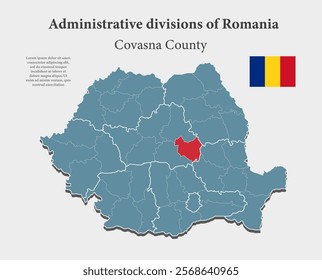 Detailed vector blue map Romania divide on regions - Covasna County. Template map for background, pattern, report, infographic. Administrative part of Europe country Romania divided on regions