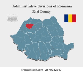 Detailed vector blue map Romania divide on regions - Salaj County. Template map for background, pattern, report, infographic. Administrative part of Europe country Romania divided on regions