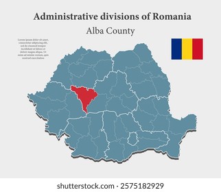 Detailed vector blue map Romania divide on regions - Alba County. Template map for background, pattern, report, infographic. Administrative part of Europe country Romania divided on regions