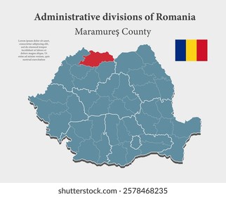 Detailed vector blue map Romania divide on regions - Maramures County. Template map for background, pattern, report, infographic. Administrative part of Europe country Romania divided on regions