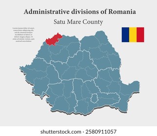 Detailed vector blue map Romania divide on regions - Satu Mare County. Template map for background, pattern, report, infographic. Administrative part of Europe country Romania divided on regions