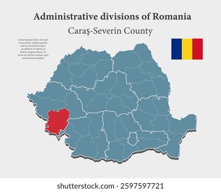 Detailed vector blue map Romania divide on regions - Caras-Severin County. Template map for background, pattern, report, infographic. Administrative part of Europe country Romania divided on regions