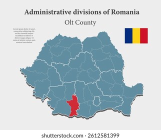Detailed vector blue map Romania divide on regions - Olt County. Template map for background, pattern, report, infographic. Administrative part of Europe country Romania divided on regions