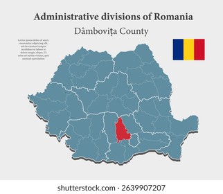 Detailed vector blue map of Romania divided on regions - Dambovita County. Template map for background, pattern, report, infographic. Administrative part of Europe country Romania divided on regions