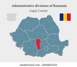 Mapa detalhado de vetor azul da Romênia dividido em regiões - Arges County. Mapa de modelo para plano de fundo, padrão, relatório, infográfico. Parte administrativa do país Europa Romênia dividida por regiões